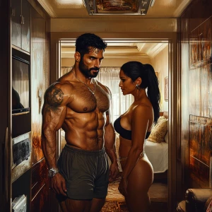 Photorealism,realism style, a muscular, sweaty man entering a Ne...