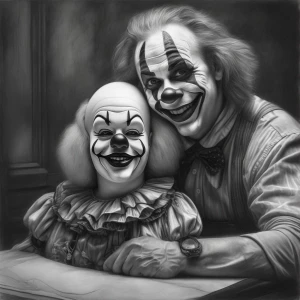 Clown holding a life size Clown doll head