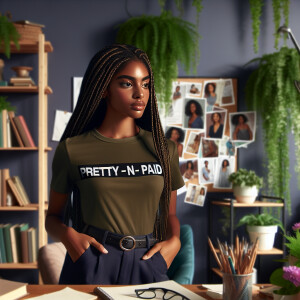 A powerful African American woman in her study wearing a shirt t...
