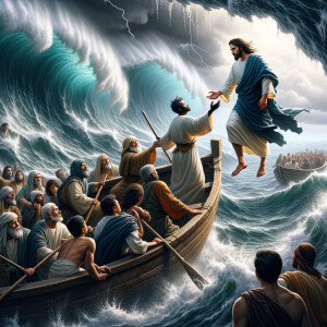 African-American Jesus telling Peter to come walk on the water,...