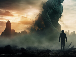 The monstrous silhouette of the monster from Cloverfield, standi...