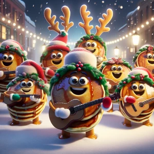 A chorus of animated pancakes singing Christmas carols, each dec...