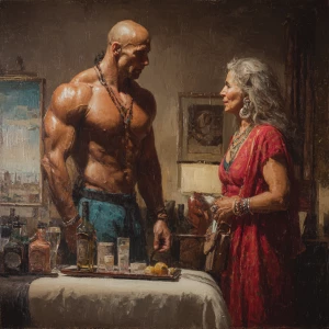 Realism photo painting, a muscular Russian man in his beach hote...