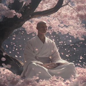 A serene monk in a simple robe, meditating under a cherry blosso...