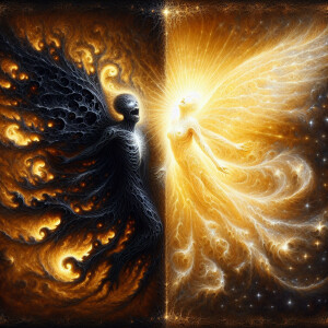 A luminous star creature bathed in radiant beams of light, contr...