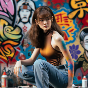 Very thin Athletic Thin skinny Attractive, Asian teenage girl, long brown hair and bangs, wearing tight skinny jeans and a halter top paint marks on her clothing, sitting side view heroic pose Asian graffiti