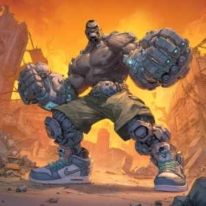 Depict a large, muscular Nigerian humanoid character in a dynami...