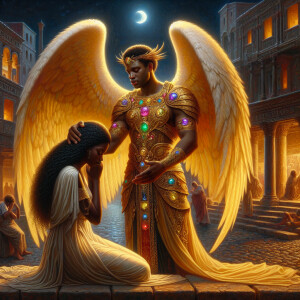 Create an oil painting image featuring a male angel and a grievi...