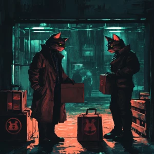 A shady cat in a trench coat exchanging a briefcase with another...