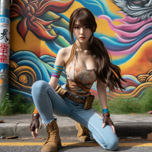 teenage girl, long brown hair and bangs, wearing tight skinny jeans and a halter top paint marks on her clothing, heroic pose Asian graffiti background, nearing on one knee