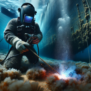 An underwater scene with a ship's hull in the background, an und...