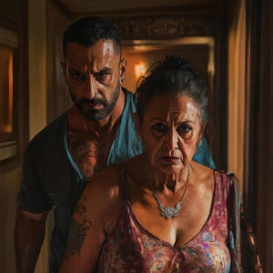 realism art style 1:1 .A sweaty man entering  with his 54 year o...