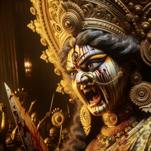 photograph of angry looking goddess durga victory posing on a de...
