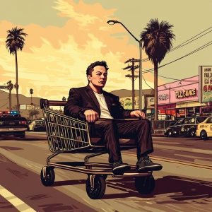 Elon Musk..riding in a shopping cart being chased by cops, in GT...