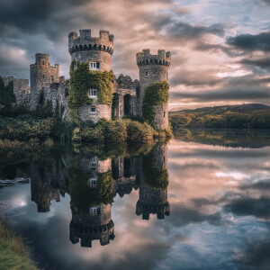 A serene lake beside an ancient castle with stone towers and ivy...