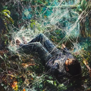 A amazon jungle scene with a 30 meter area is covered in spider...
