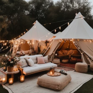 Girl Glamping birthday party with large bell tent decorated boho...