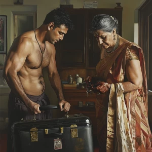 Photorealism,fantasy,a beefy muscular sweaty criminal big son in...