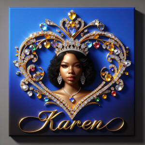 Craft a 3-D image showcasing the name 'KAREN' in a luxurious gol...