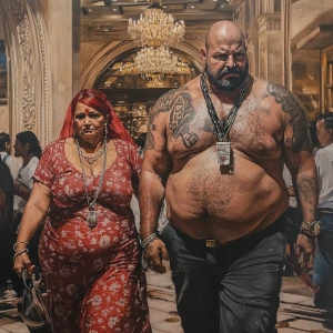 Hyperrealistic painting.A sweaty beefy man walking with his 54 y...