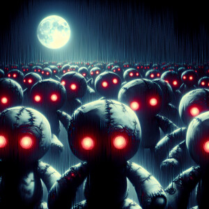 In the eerie glow of a moonlit night, a legion of plush robots w...