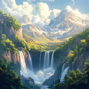 sunny and clear sky mountain scenery with big waterfalls