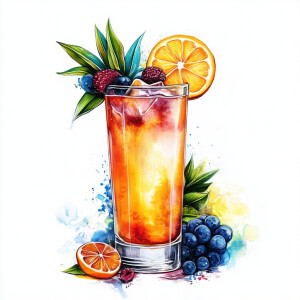 Create an image of a tall, vivid tropical cocktail in a beautifu...