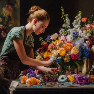 A photorealistic image of a young woman in a master class on flo...