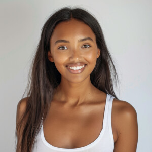 A cute woman

Smiling 

Clothes: white tank top

Looks Clean & M...