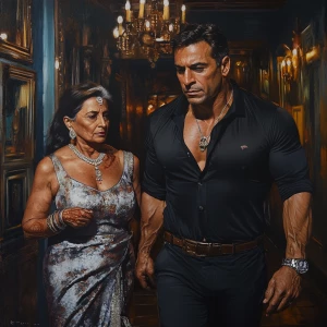Photorealism,realism,a bodybuilder man ,walking with his 50 year...