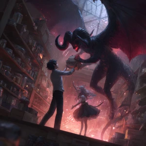 "Anime-style man lifting a small female demon with flowing elega...