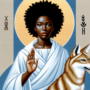 Create an Eastern Orthodox icon depicting a young Black woman wi...