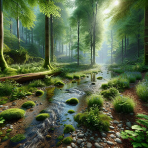 Depict a serene forest scene where soft sunlight filters through...