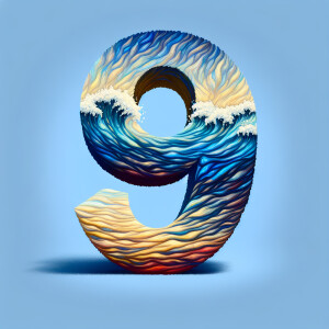 The number 9 with a reflection of it in the water of the letter...