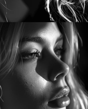 Blonde woman, noir style, ultra-realistic portrait, dramatic sha...