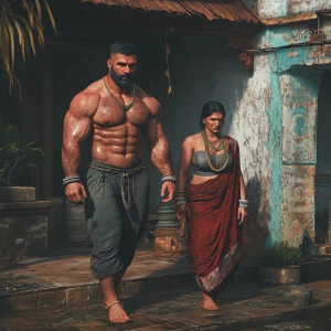 Photorealism,a muscular beefy sweaty employer walking on his ind...