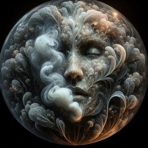 Create a digital art piece featuring a translucent glass orb tha...