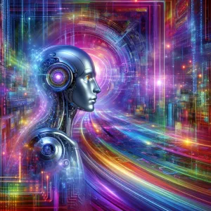 In a technicolor blizzard of pulsating data streams, a sleek, si...