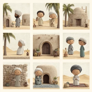 Create a cartoon-style illustration set in 7th-century Madinah....