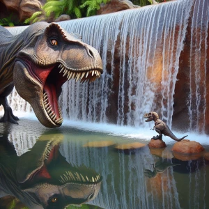 A realistic t-rex pushing aside water rushes  to afford him a vi...