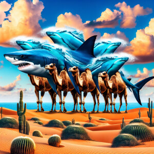 Create a surreal scene featuring a shark and camels combined in...