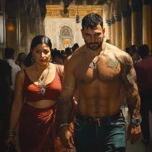 Realism.A sweaty man walking with his mother in law with noseri...