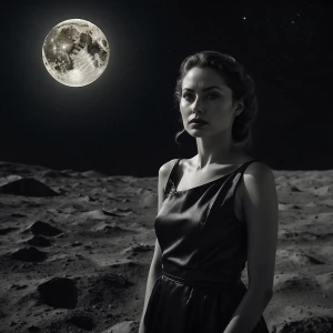Ultra-realistic noir portrait of a mysterious woman on the moon,...