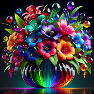 A vibrant and whimsical bouquet of glossy, multicolored flowers, each petal radiating joy in a spectrum of red, pink, blue, purple, orange, and yellow hues, assembled in a reflective, curved glass vase. The stems and leaves are rendered in rich, lifelike greens, contrasting beautifully with the brightly hued petals. The vase, positioned on a dark surface, holds a magical arrangement where the lower half is filled with layers of sparkling, jewel-toned crystals, creating a rainbow gradient from green to blue to fiery orange. Each flower seems to have a character of its own, contributing to a cheerful and enchanting composition that exudes the essence of a dreamy, enchanted garden.