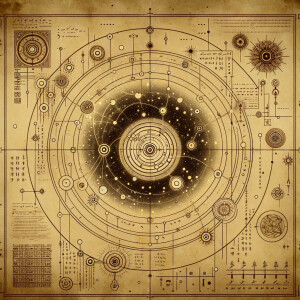 Aged parchment, lead illustration of a galactic map, a galaxy wi...