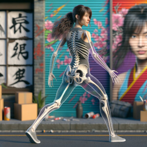 Athletic Thin skinny Attractive, Asian teenage girl, long brown hair and bangs, wearing tight skinny jeans and a halter top paint marks on her clothing, heroic pose Asian graffiti background, backside view