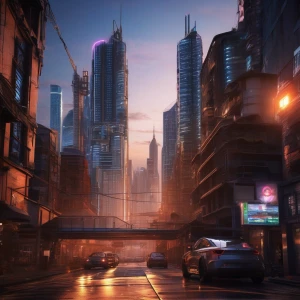 Imagine a city from street level view with neon-lit streets, tow...