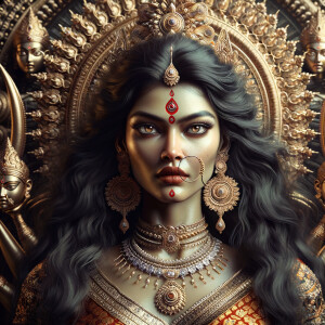 Portrait of gorgeous and angry goddess durga slaying mahishasur. intricately detailed depiction of a goddess. gold jewelry all over body. sharp nose, light skin, beautiful brown eyes, wavy black hair, red lips, slim body, red clothing, muscled limbs, ultra detailed body. uhd, hdr, 64k, epic scene. Photography