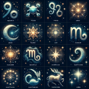 All 12 symbols for the astrological signs, Aquarius, Pisces, Ari...