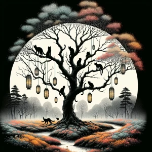 : a tree with no leaves black cats sitting on its branches, two...